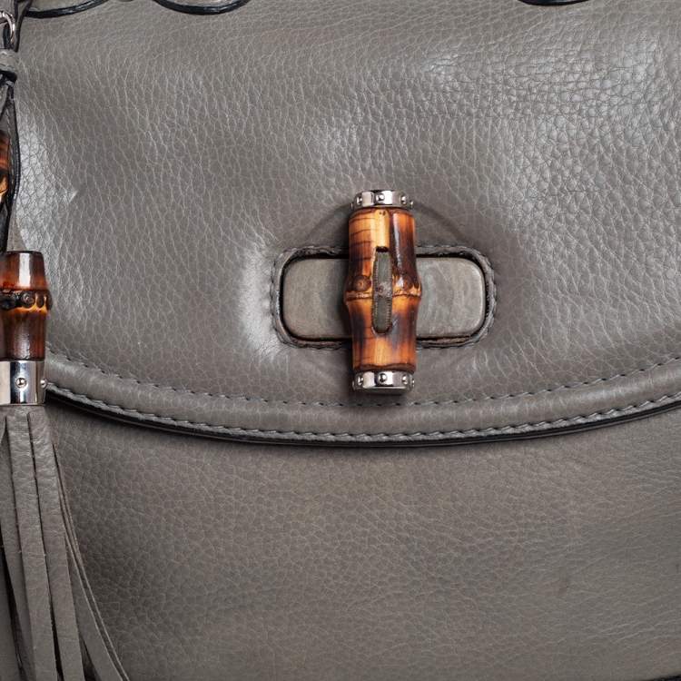 Pre Owned Gucci Grey Leather Large New Bamboo Tassel Top Handle Bag