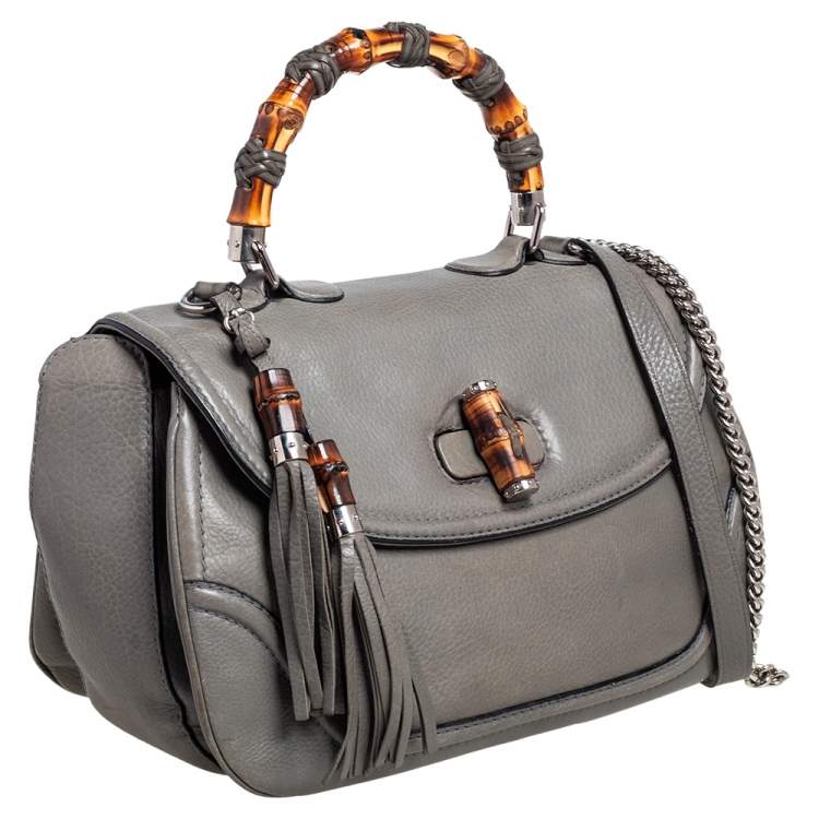 Pre Owned Gucci Grey Leather Large New Bamboo Tassel Top Handle Bag