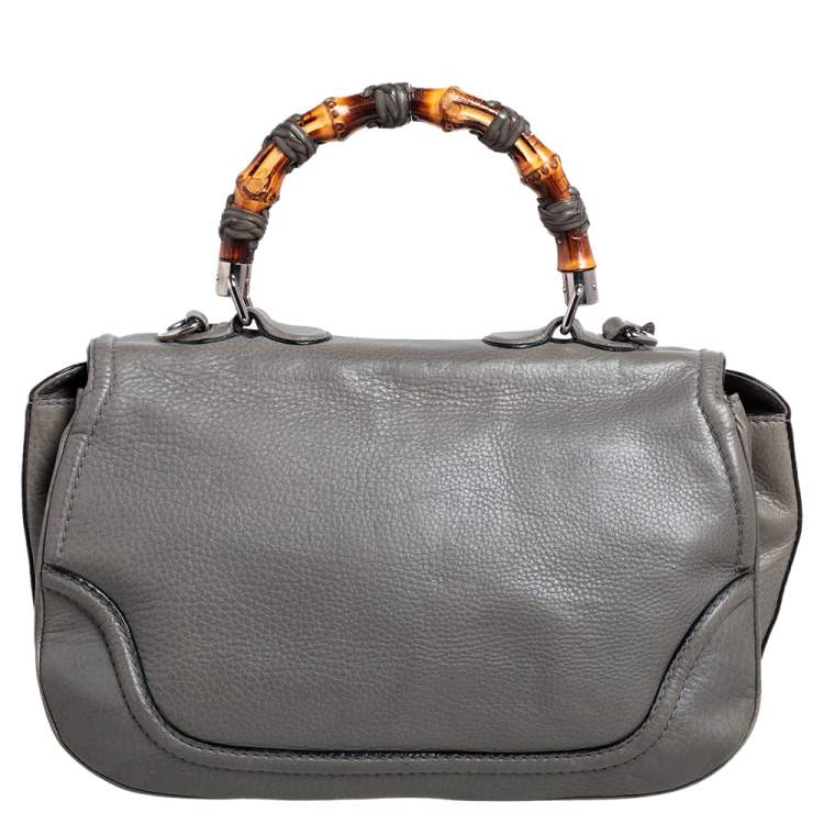 Pre Owned Gucci Grey Leather Large New Bamboo Tassel Top Handle Bag
