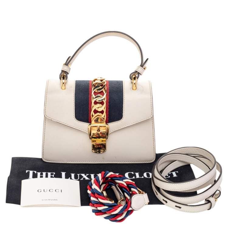 Pre Owned Gucci Cream Leather/ Canvas Sylvie Top Handle Bag
