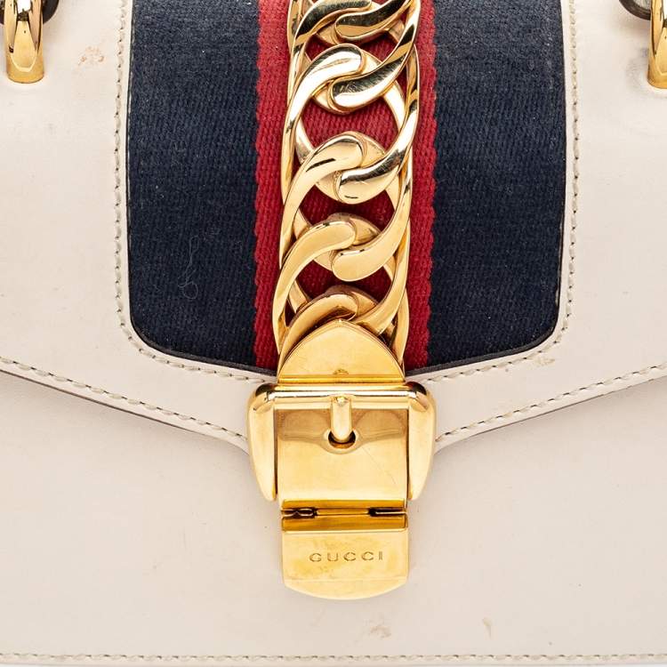 Pre Owned Gucci Cream Leather/ Canvas Sylvie Top Handle Bag