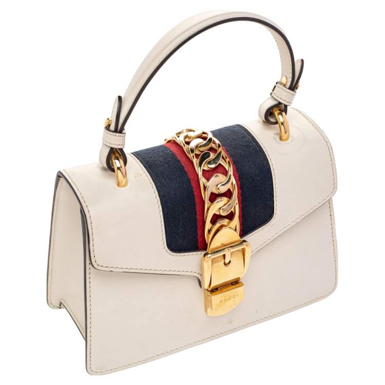 Pre Owned Gucci Cream Leather/ Canvas Sylvie Top Handle Bag
