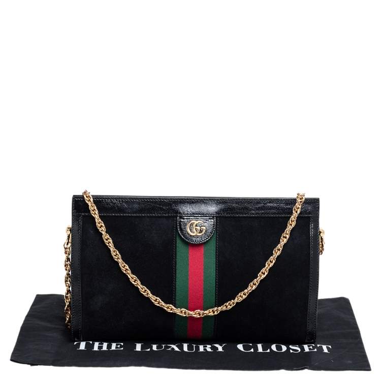 Pre Owned Gucci Black Suede and Patent Leather Medium Ophidia Chain Shoulder Bag