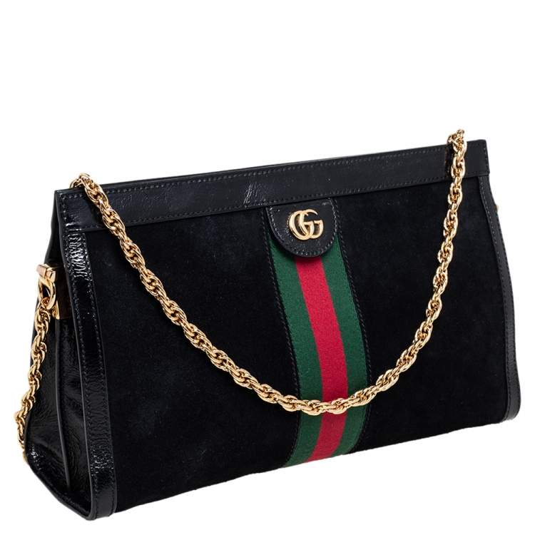 Pre Owned Gucci Black Suede and Patent Leather Medium Ophidia Chain Shoulder Bag