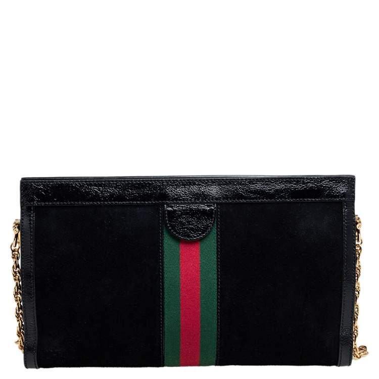 Pre Owned Gucci Black Suede and Patent Leather Medium Ophidia Chain Shoulder Bag