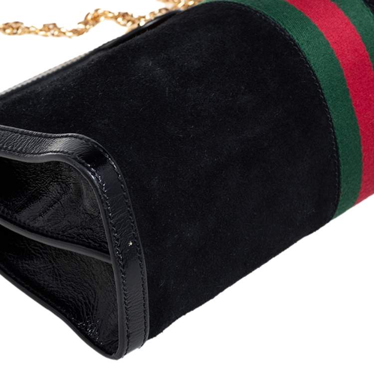 Pre Owned Gucci Black Suede and Patent Leather Medium Ophidia Chain Shoulder Bag