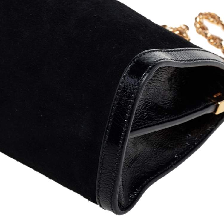 Pre Owned Gucci Black Suede and Patent Leather Medium Ophidia Chain Shoulder Bag