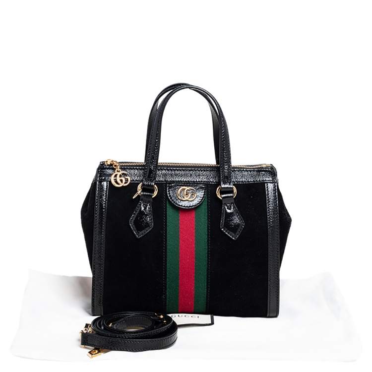 Pre Owned Gucci Black Suede and Patent Leather Small Ophidia Tote