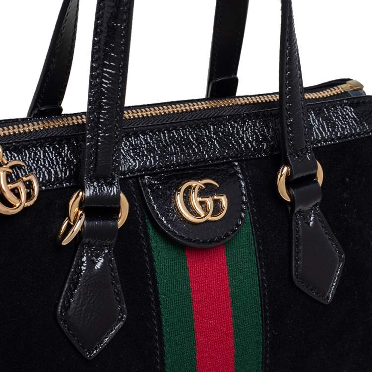 Pre Owned Gucci Black Suede and Patent Leather Small Ophidia Tote