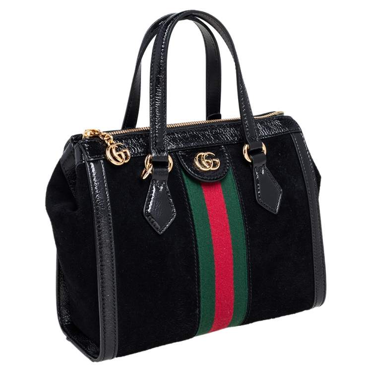 Pre Owned Gucci Black Suede and Patent Leather Small Ophidia Tote