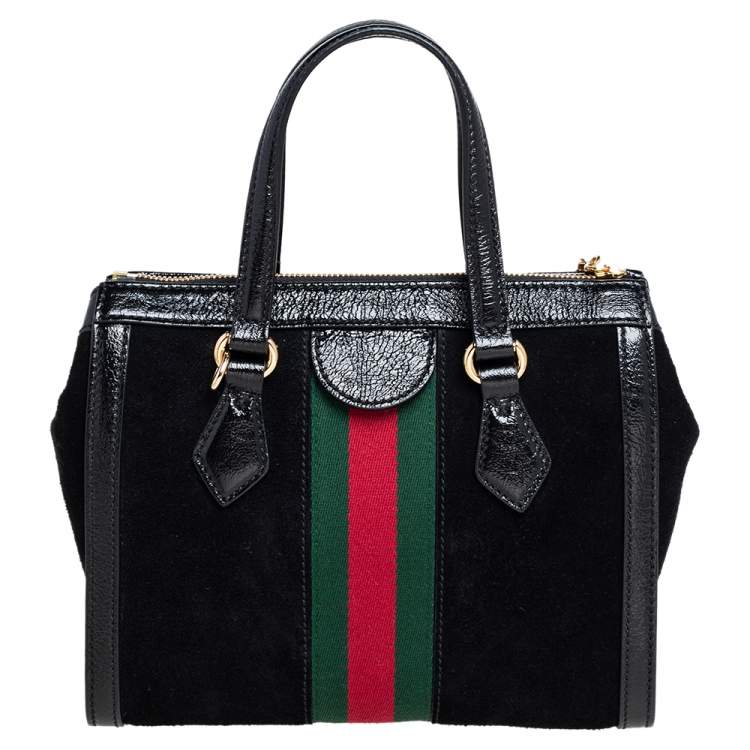 Pre Owned Gucci Black Suede and Patent Leather Small Ophidia Tote