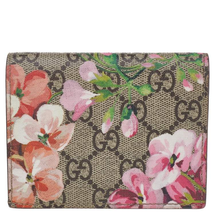 Pre Owned Gucci Beige/Pink GG Supreme Canvas Blooms Card Case
