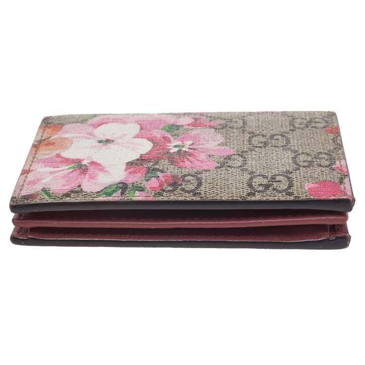 Pre Owned Gucci Beige/Pink GG Supreme Canvas Blooms Card Case