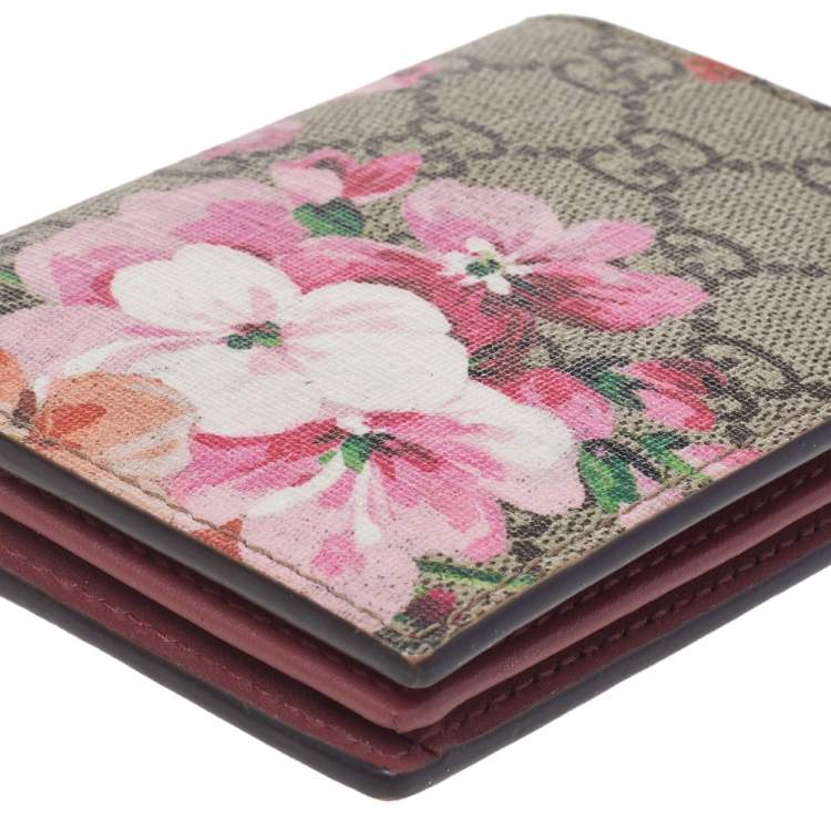 Pre Owned Gucci Beige/Pink GG Supreme Canvas Blooms Card Case