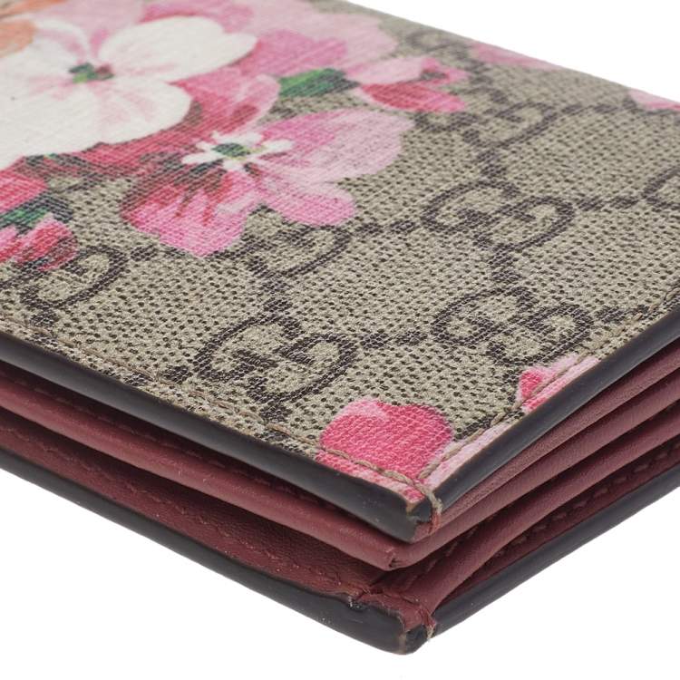 Pre Owned Gucci Beige/Pink GG Supreme Canvas Blooms Card Case
