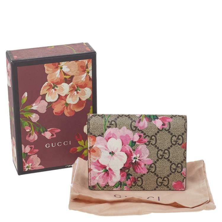 Pre Owned Gucci Beige/Pink GG Supreme Canvas Blooms Card Case