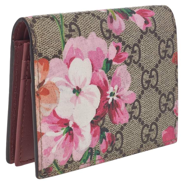 Pre Owned Gucci Beige/Pink GG Supreme Canvas Blooms Card Case
