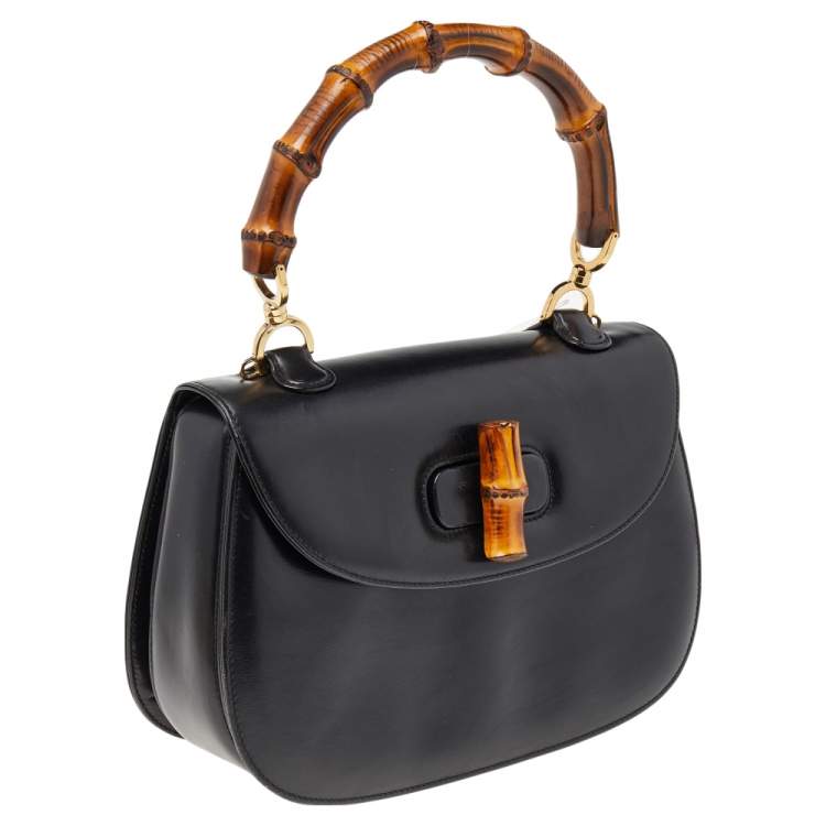 Pre Owned Gucci Black Leather Bamboo Top Handle Bag