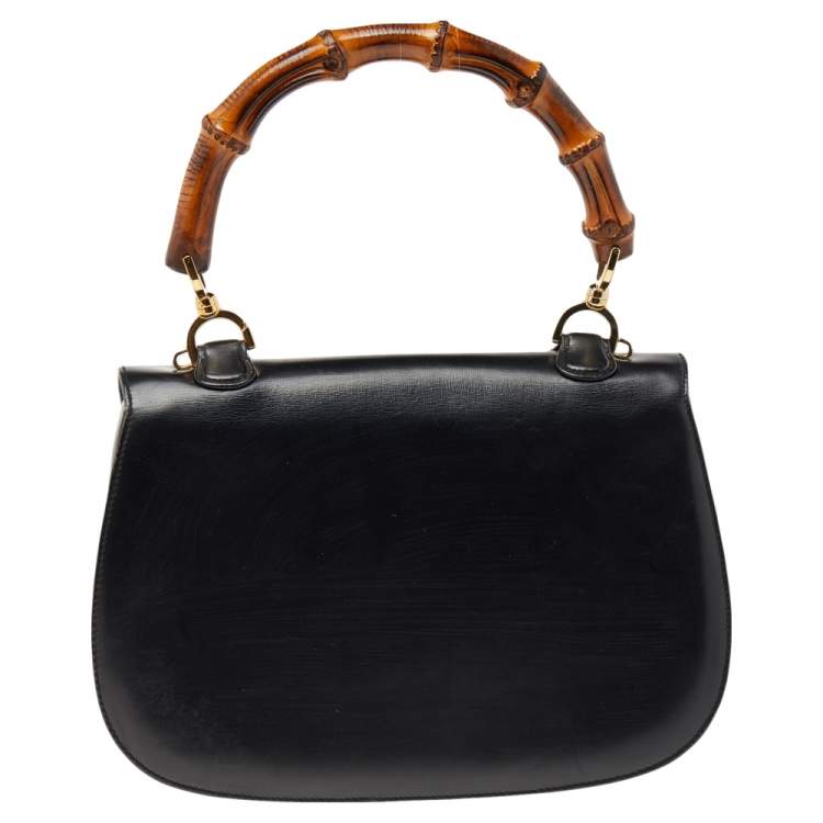 Pre Owned Gucci Black Leather Bamboo Top Handle Bag