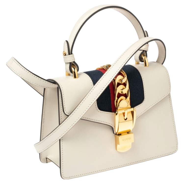 Pre Owned Gucci Off-White Leather Mini Web Sylvie Top Handle Bag