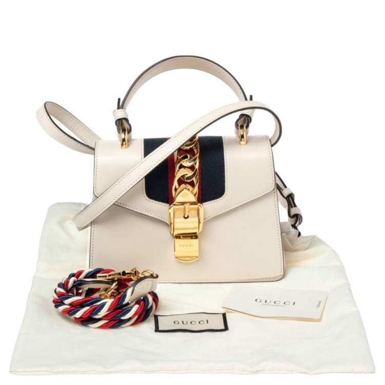Pre Owned Gucci Off-White Leather Mini Web Sylvie Top Handle Bag