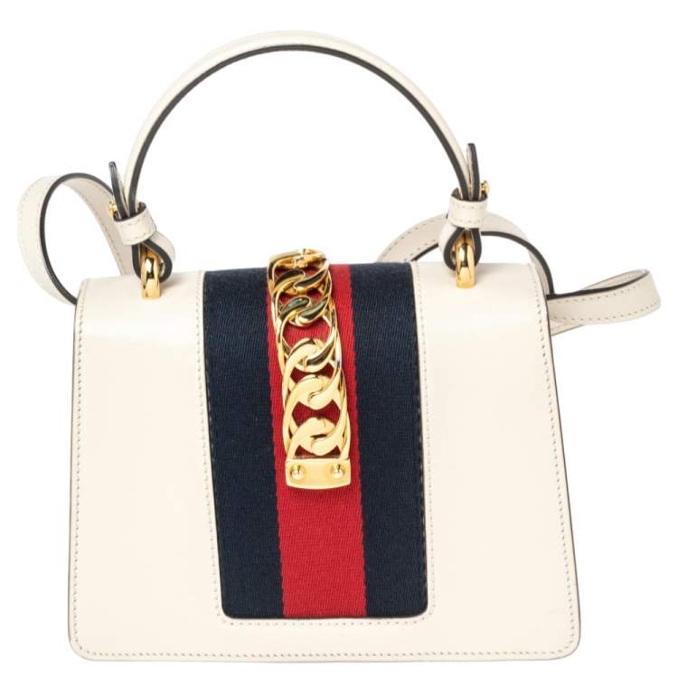 Pre Owned Gucci Off-White Leather Mini Web Sylvie Top Handle Bag
