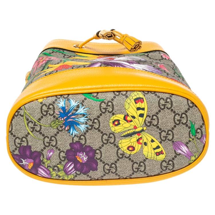 Pre Owned Gucci Yellow Flora GG Supreme and Leather Small Ophidia Bucket Bag
