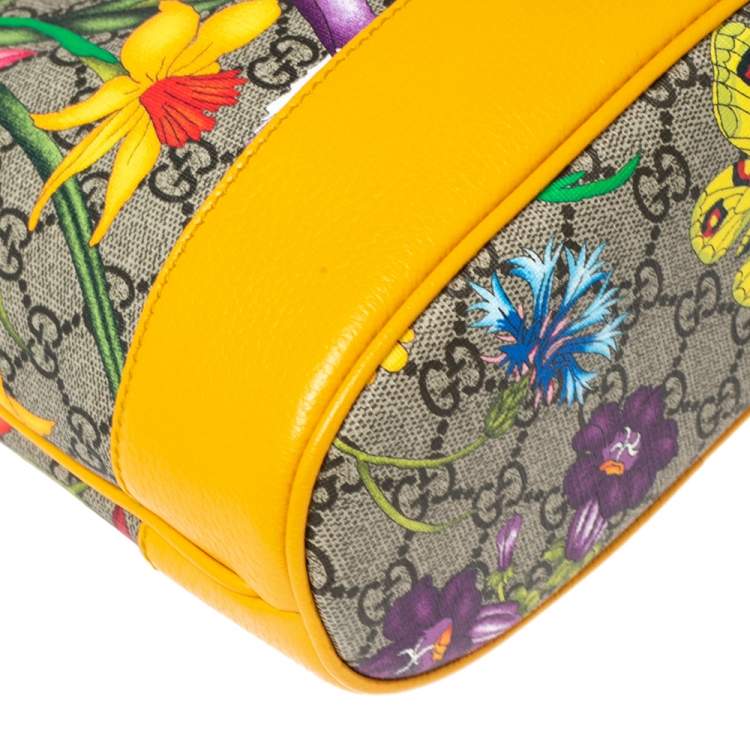 Pre Owned Gucci Yellow Flora GG Supreme and Leather Small Ophidia Bucket Bag