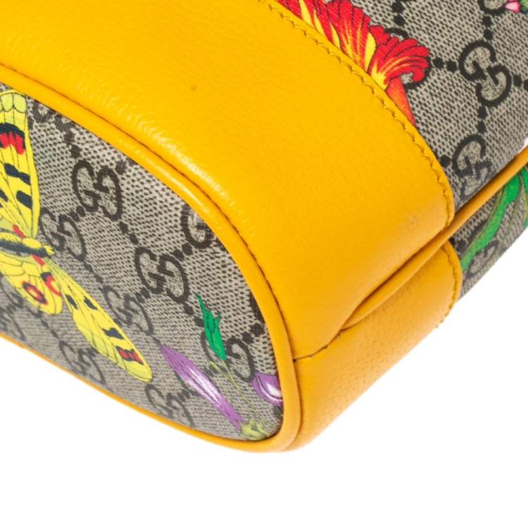 Pre Owned Gucci Yellow Flora GG Supreme and Leather Small Ophidia Bucket Bag