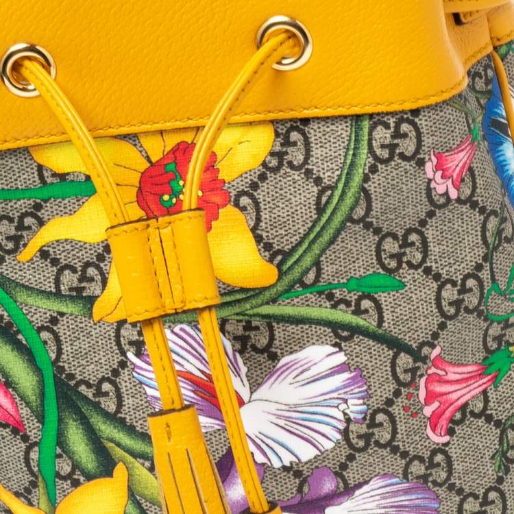 Pre Owned Gucci Yellow Flora GG Supreme and Leather Small Ophidia Bucket Bag