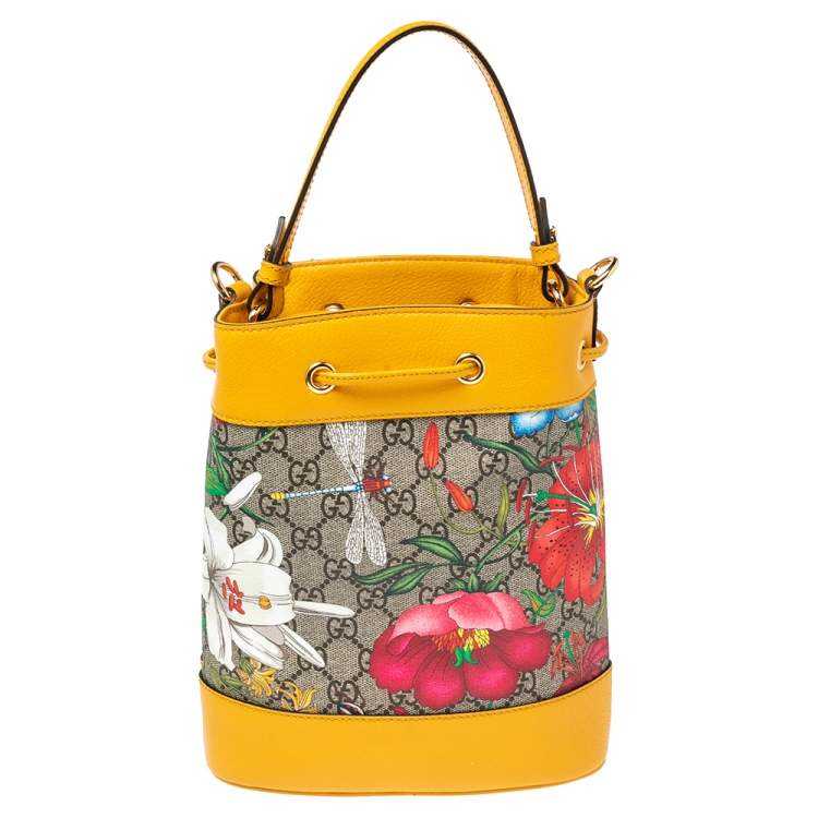 Pre Owned Gucci Yellow Flora GG Supreme and Leather Small Ophidia Bucket Bag