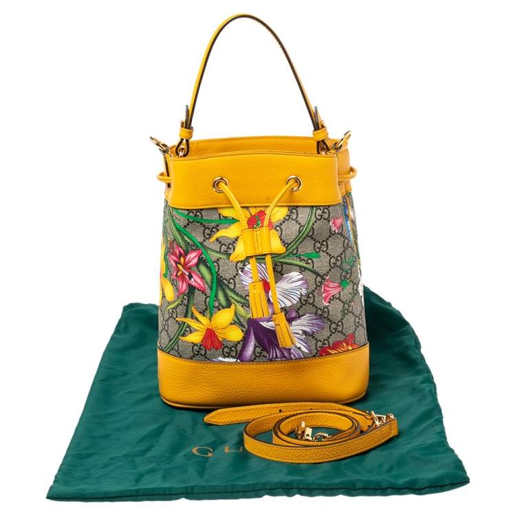Pre Owned Gucci Yellow Flora GG Supreme and Leather Small Ophidia Bucket Bag