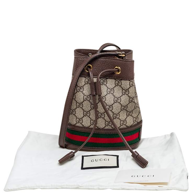 Pre Owned Gucci Beige/Ebony GG Supreme Coated Canvas and Leather Mini Ophidia Bucket Bag 