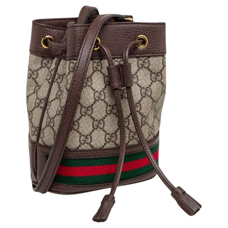 Pre Owned Gucci Beige/Ebony GG Supreme Coated Canvas and Leather Mini Ophidia Bucket Bag 