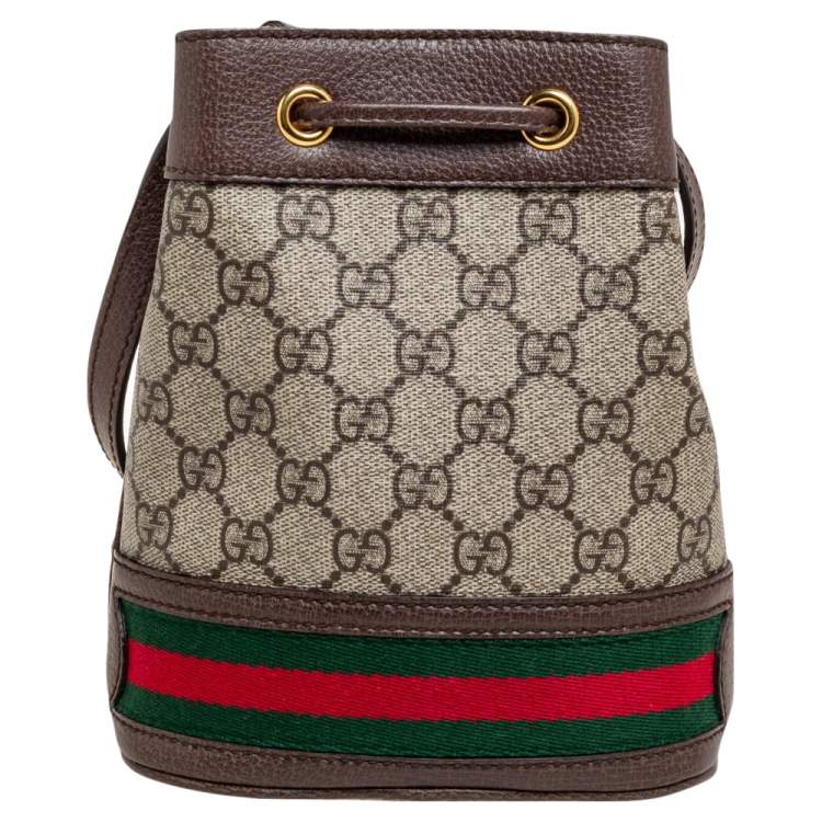 Pre Owned Gucci Beige/Ebony GG Supreme Coated Canvas and Leather Mini Ophidia Bucket Bag 