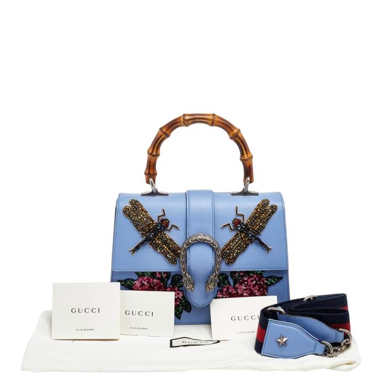 Pre Owned Gucci Blue Leather Embroidered Medium Dionysus Bamboo Top Handle Bag
