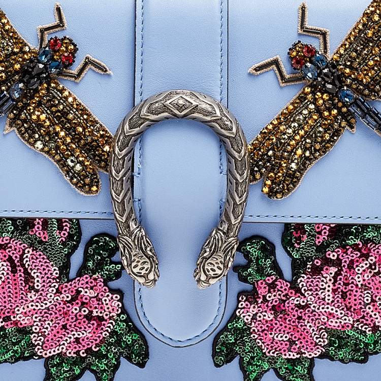 Pre Owned Gucci Blue Leather Embroidered Medium Dionysus Bamboo Top Handle Bag
