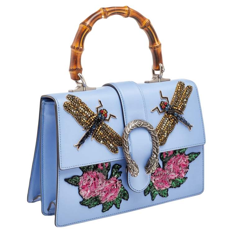 Pre Owned Gucci Blue Leather Embroidered Medium Dionysus Bamboo Top Handle Bag