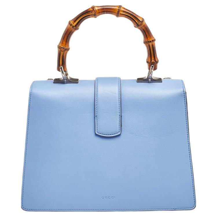Pre Owned Gucci Blue Leather Embroidered Medium Dionysus Bamboo Top Handle Bag