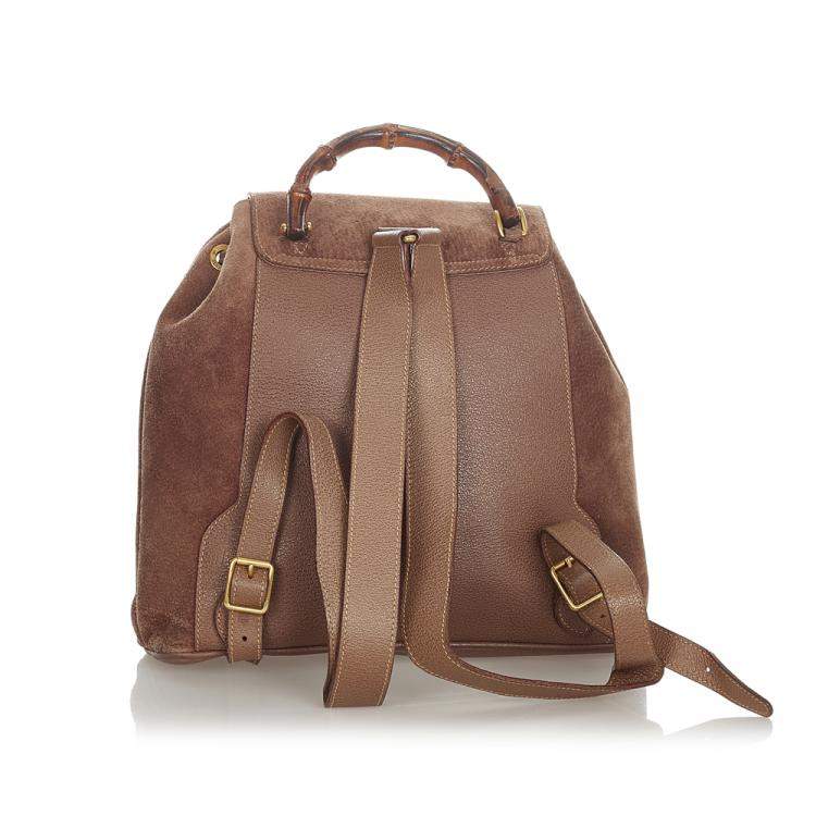 Pre Owned Gucci Brown Leather and Suede Bamboo Backpack