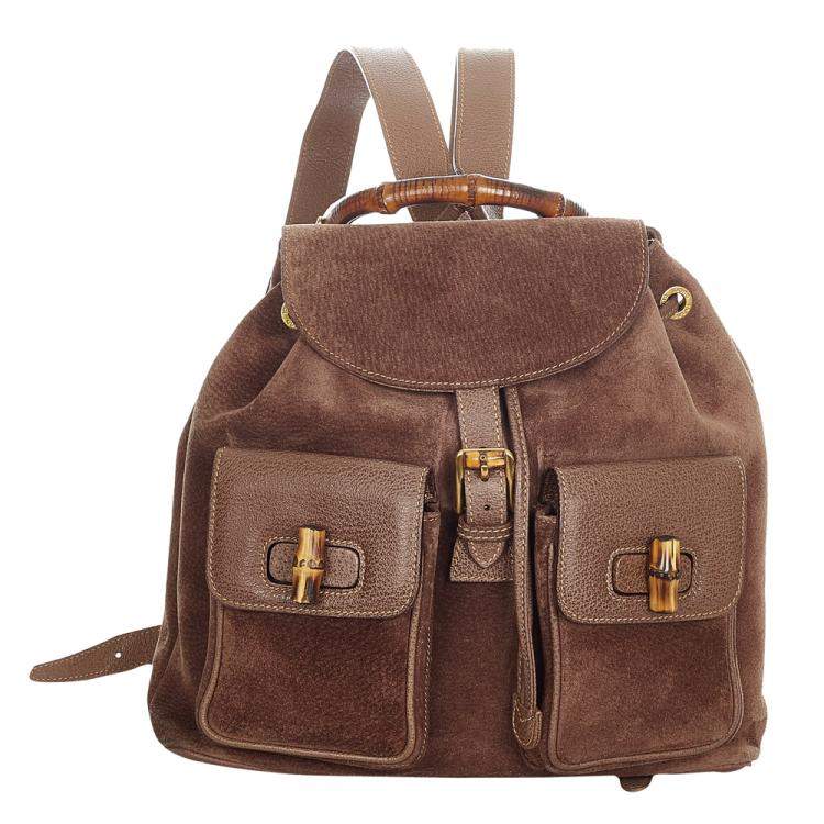 Pre Owned Gucci Brown Leather and Suede Bamboo Backpack