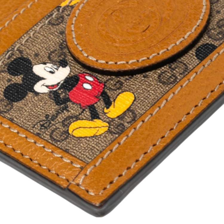 Pre Owned Gucci x Disney Tan GG Supreme and Leather Mickey Mouse Card Holder
