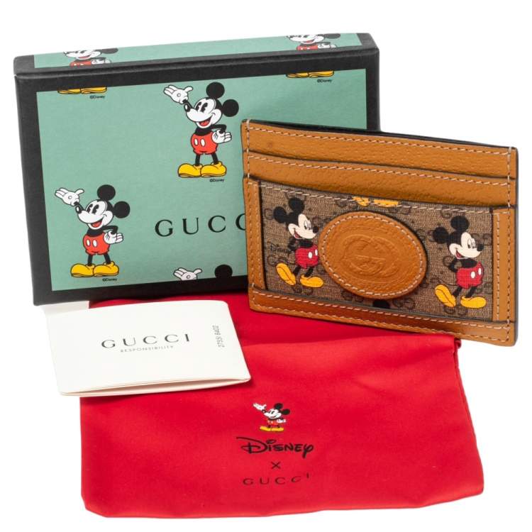 Pre Owned Gucci x Disney Tan GG Supreme and Leather Mickey Mouse Card Holder