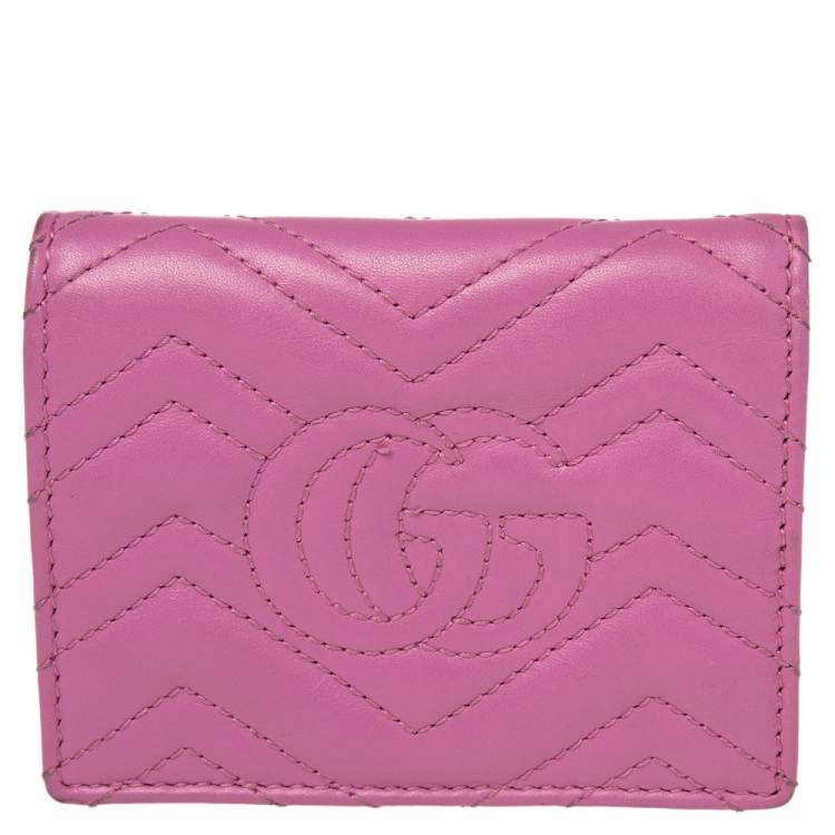 Pre Owned Gucci Pink Matelassé Leather GG Marmont Card Case