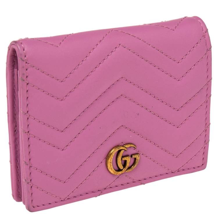 Pre Owned Gucci Pink Matelassé Leather GG Marmont Card Case