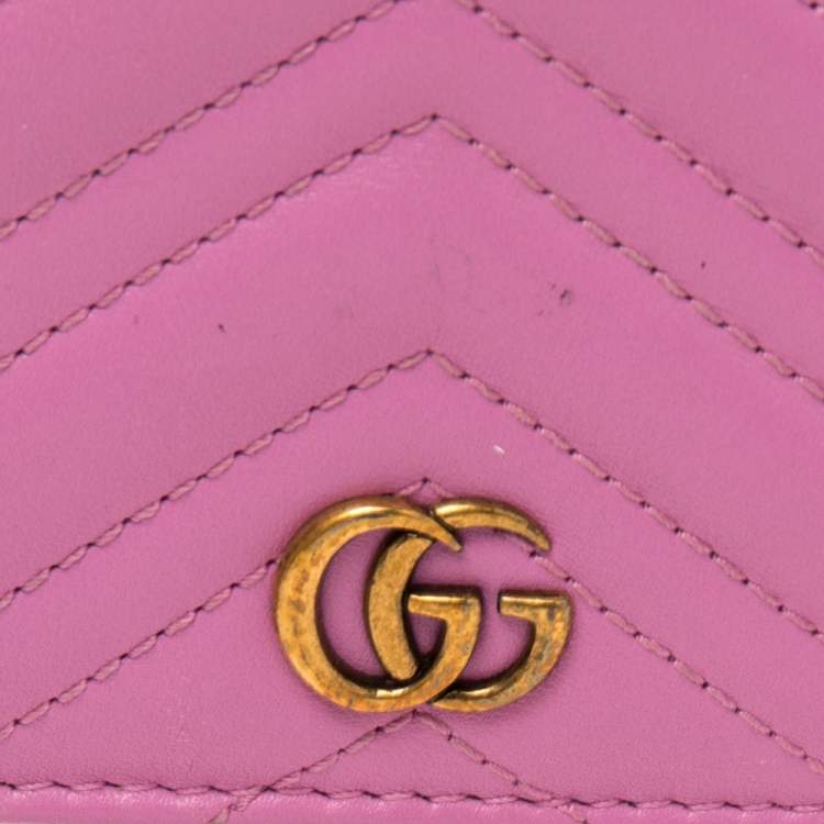 Pre Owned Gucci Pink Matelassé Leather GG Marmont Card Case