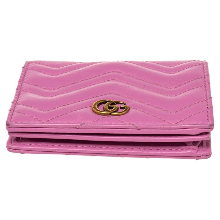 Pre Owned Gucci Pink Matelassé Leather GG Marmont Card Case