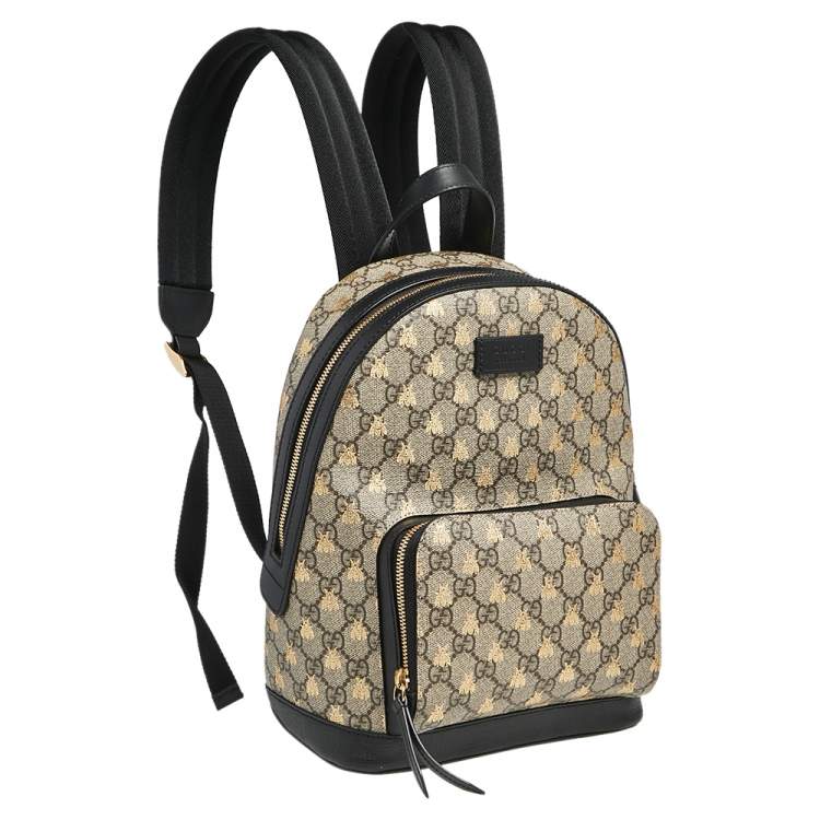 Pre Owned Gucci Black/Beige GG Supreme Coated Canvas And Leather Bees Backpack