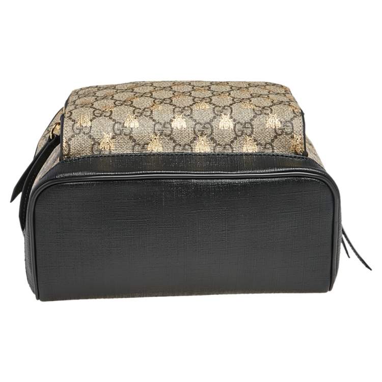 Pre Owned Gucci Black/Beige GG Supreme Coated Canvas And Leather Bees Backpack