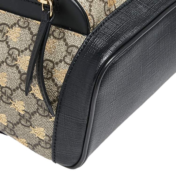 Pre Owned Gucci Black/Beige GG Supreme Coated Canvas And Leather Bees Backpack
